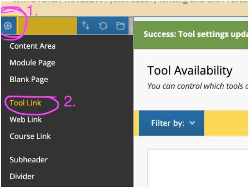 Blackboard screenshot showing tool availability
